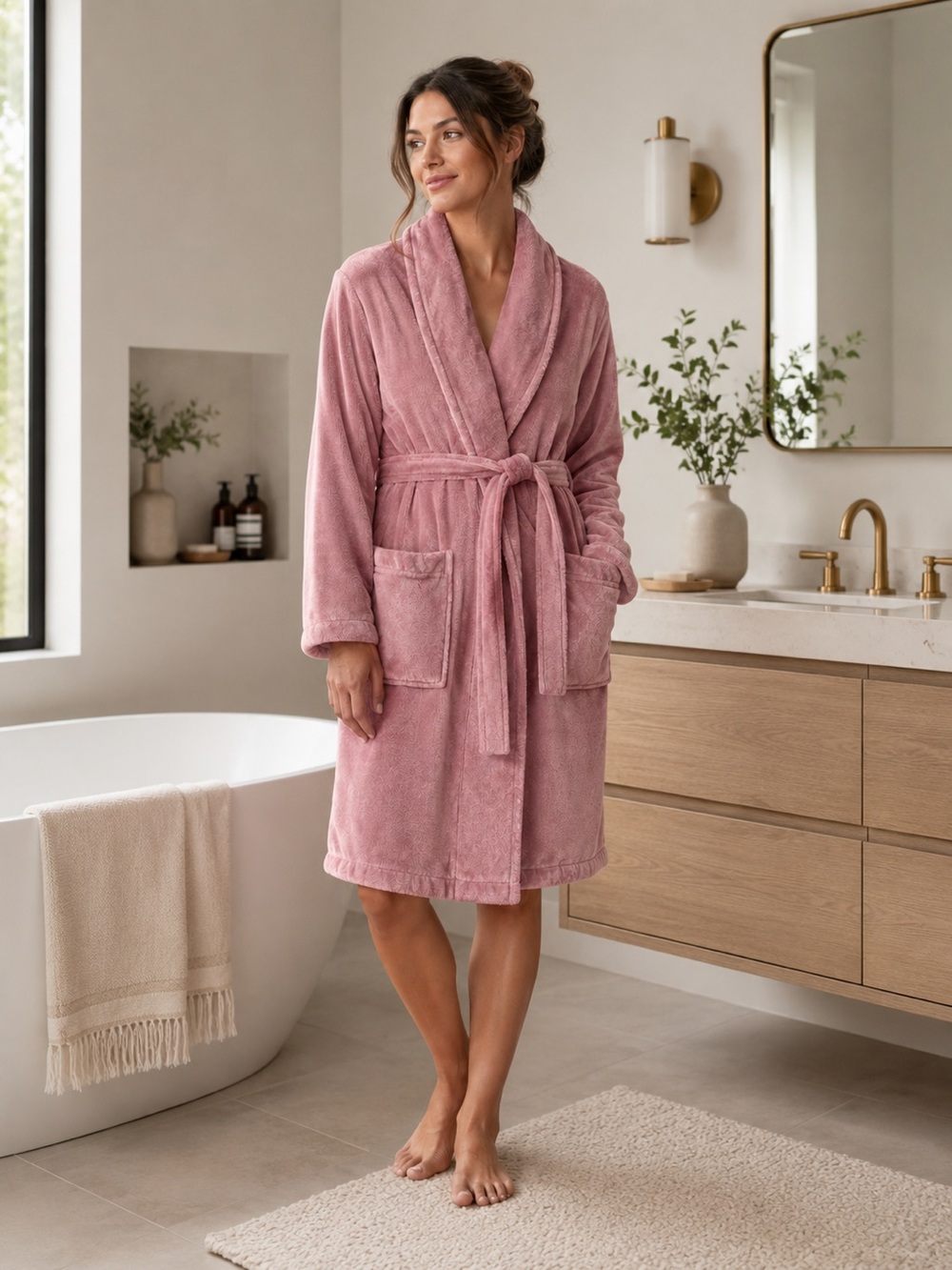 PBteen Pink Organic Cotton Plush Bathrobe Shawl Collar One Size Comfy Plush